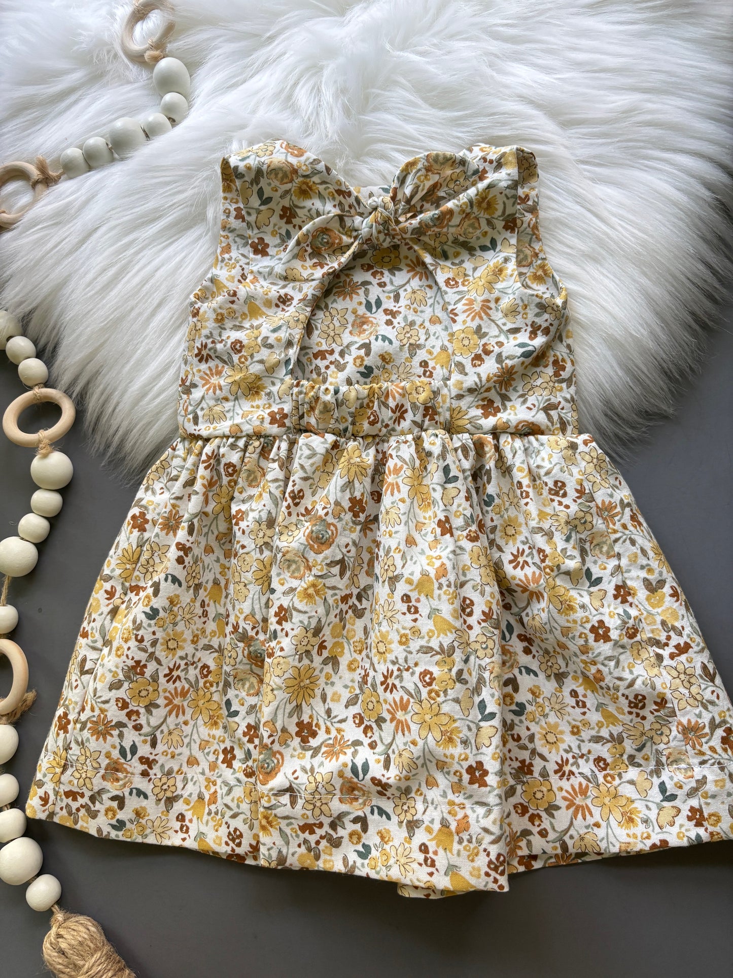 Neutral Ditsy Floral Bow Back Daisy Dress- 6-9M