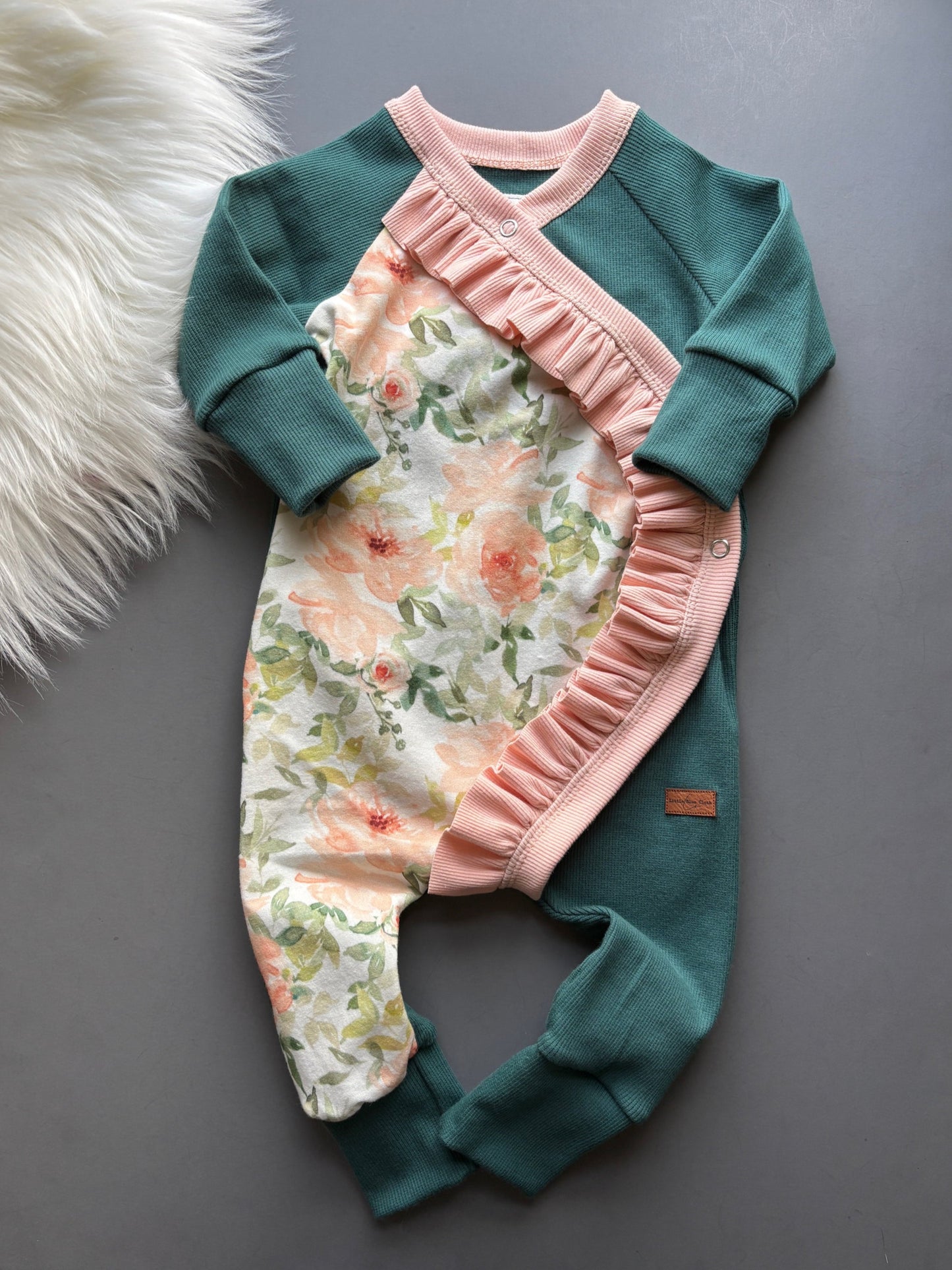 Teal Floral Ruffle Rompers- 3-6M
