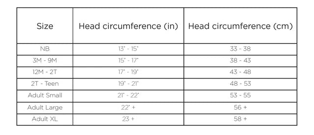 Size chart for beanies with head circumference measurements in inches and centimeters.