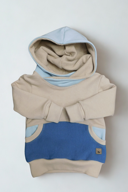 Grow With Me Hoodie | Handmade Organic Cotton Kids Clothing | Cozy, Sustainable Wear- Wheat Sea Indigo Pocket- 6-18M