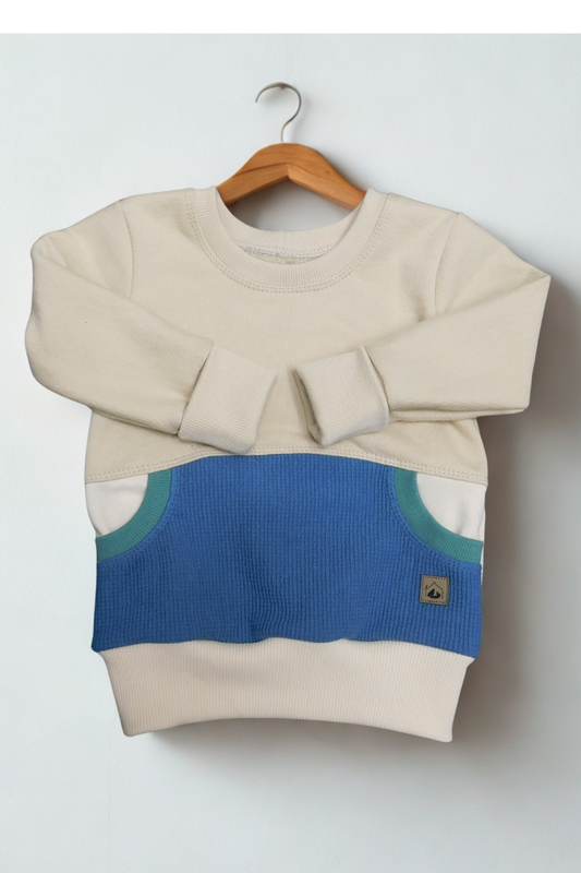 Grow With Me Crew Neck | Handmade Organic Cotton Kids Clothing | Cozy, Sustainable Wear- Wheat Birch Indigo Sea Pine- 6-18m