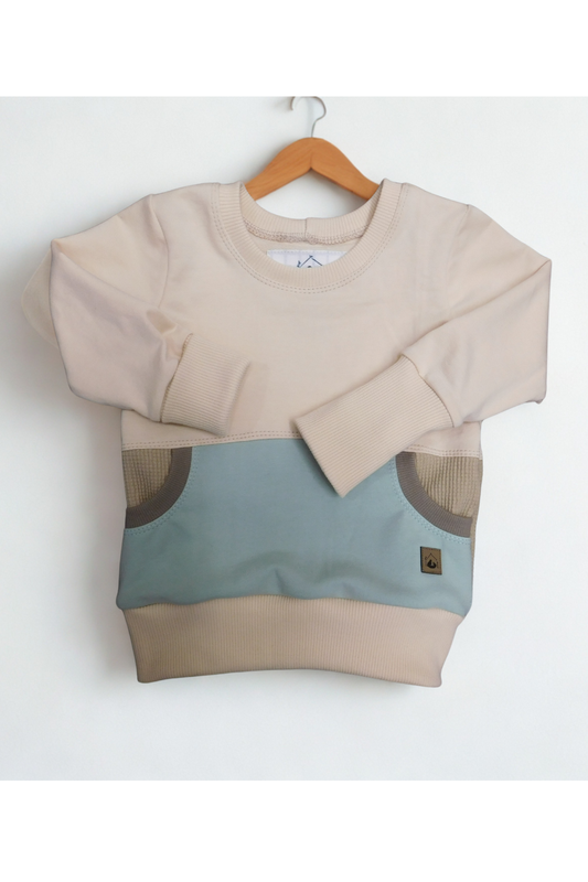 Grow With Me Crew Neck | Handmade Organic Cotton Kids Clothing | Cozy, Sustainable Wear- Birch Wheat Cameo Mushroom- 6-18M