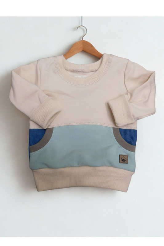 Grow With Me Crew Neck | Handmade Organic Cotton Kids Clothing | Cozy, Sustainable Wear- Birch Indigo Cameo Mushroom- 0-6M