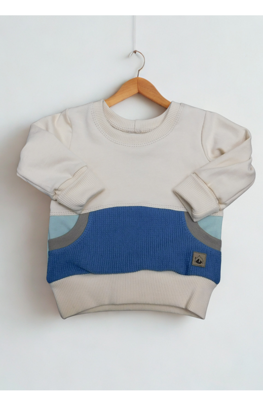 Grow With Me Crew Neck | Handmade Organic Cotton Kids Clothing | Cozy, Sustainable Wear- Birch Cameo Indigo Mushroom- 0-6M