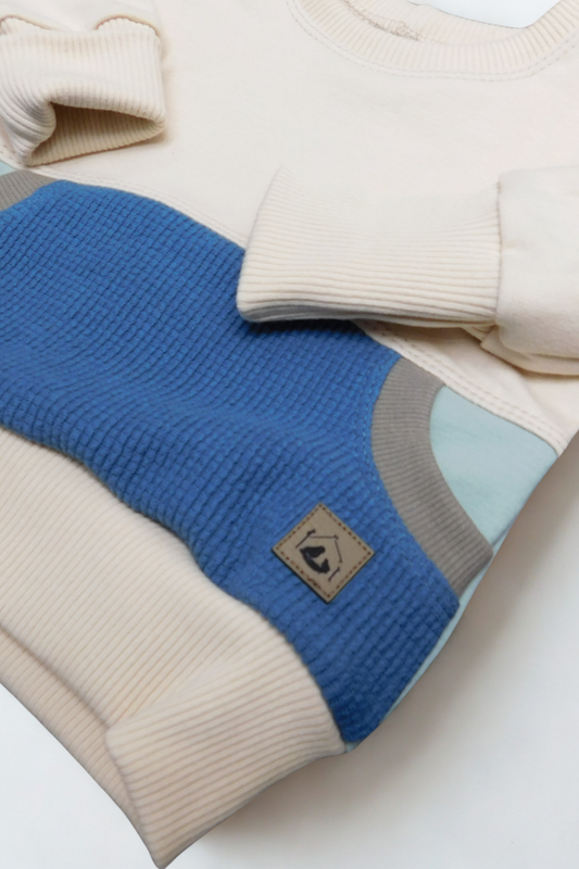 Grow With Me Crew Neck | Handmade Organic Cotton Kids Clothing | Cozy, Sustainable Wear- Birch Cameo Indigo Mushroom- 0-6M