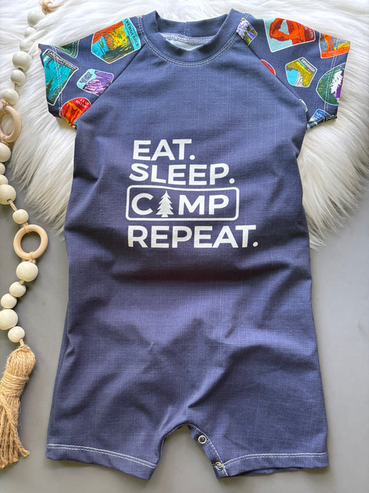 Eat Sleep CAMP Repeat Tshirt Romper- 18-24M