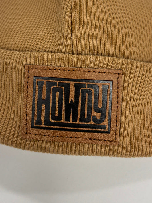 Brown beanie with a logo on a white background