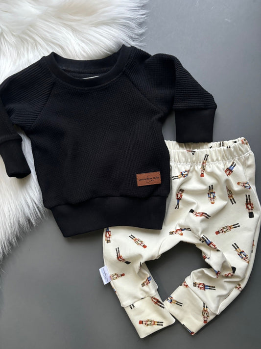 Black Waffle Raglan Sweater with Toy Soldier Gusset Pants